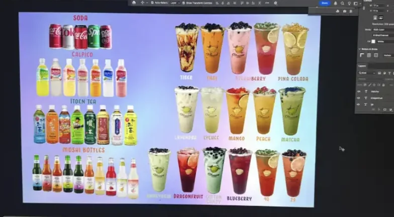 Food and beverage menu artwork being prepared in Adobe Photoshop