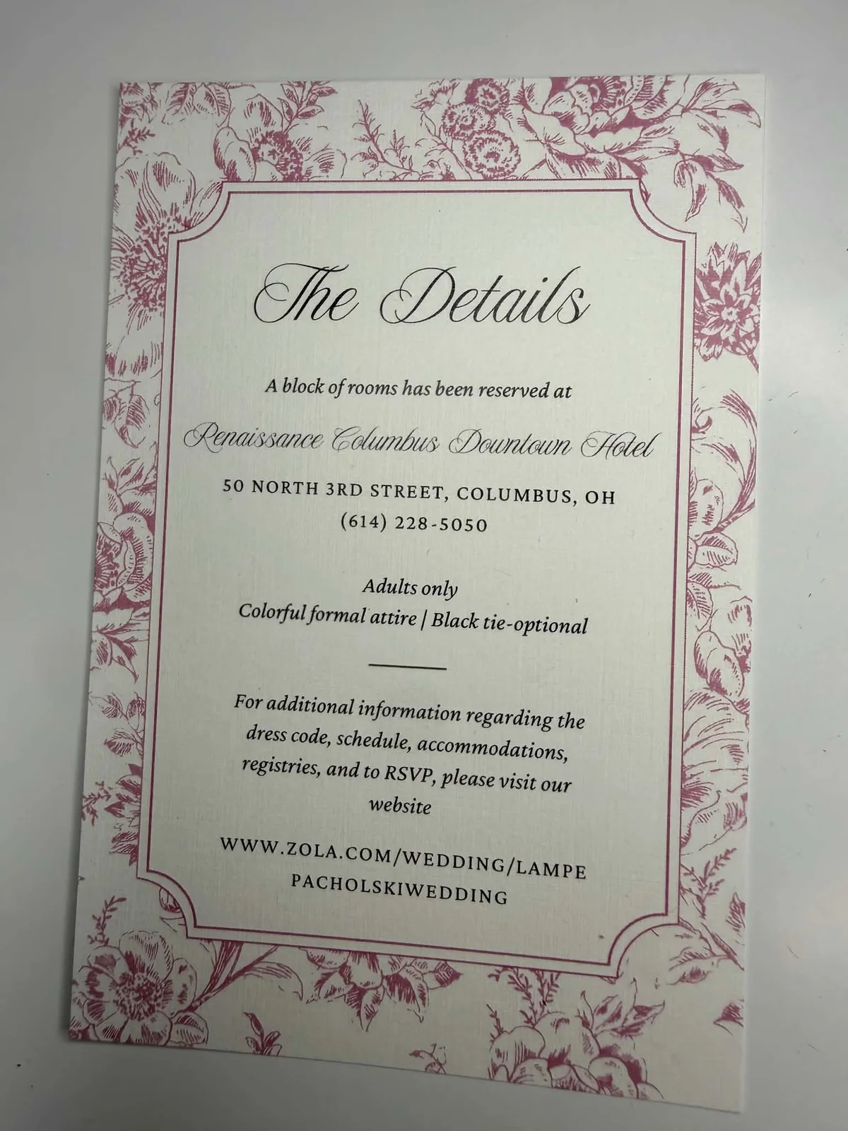 Matching wedding information card with floral border